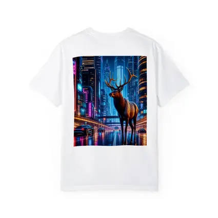Elk Stag Standing in Neon Cyberpunk City