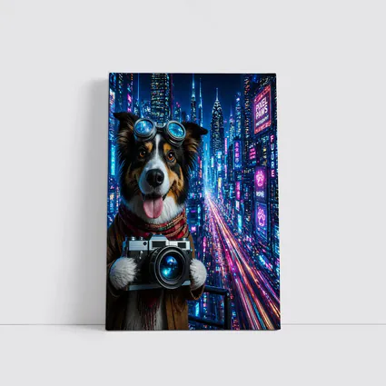 Border Collie Photographer Neon Cyberpunk City