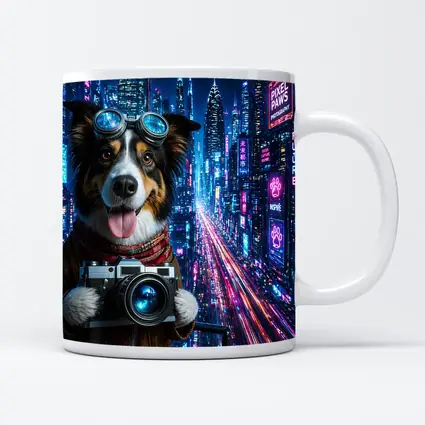 Border Collie Photographer Neon Cyberpunk City