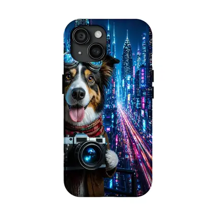 Border Collie Photographer Neon Cyberpunk City