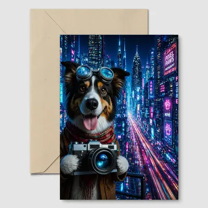 Border Collie Photographer Neon Cyberpunk City