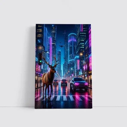 Deer Standing in Neon Cyberpunk City Street