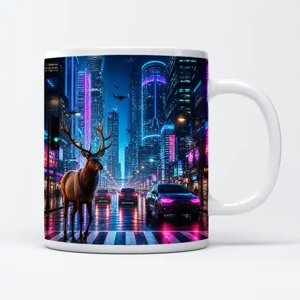 Deer Standing in Neon Cyberpunk City Street