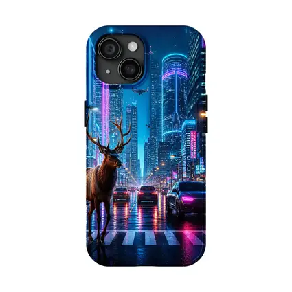 Deer Standing in Neon Cyberpunk City Street