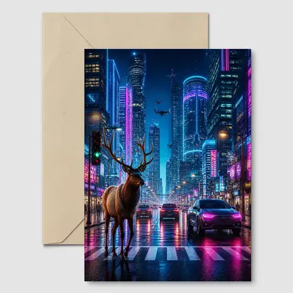 Deer Standing in Neon Cyberpunk City Street