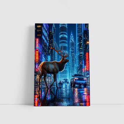 Elk Stag Walking Neon Cyberpunk City Night