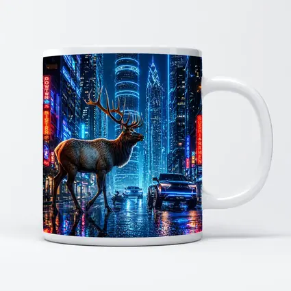 Elk Stag Walking Neon Cyberpunk City Night