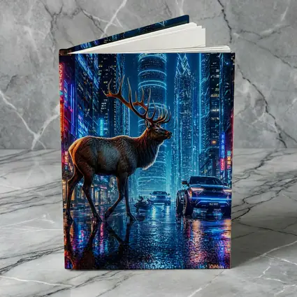 Elk Stag Walking Neon Cyberpunk City Night