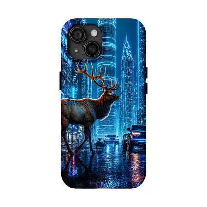 Elk Stag Walking Neon Cyberpunk City Night