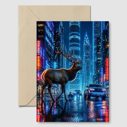 Elk Stag Walking Neon Cyberpunk City Night