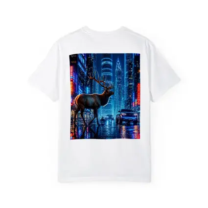 Elk Stag Walking Neon Cyberpunk City Night