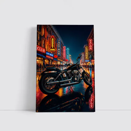 Harley Davidson Chopper Rainy Neon City Night