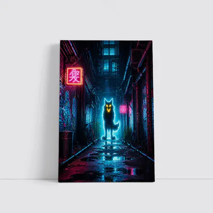 Neon Glowing Wolf Dark Cyberpunk Alley