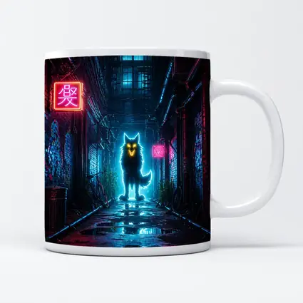 Neon Glowing Wolf Dark Cyberpunk Alley