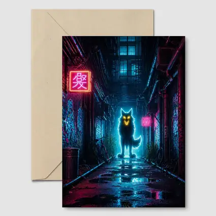 Neon Glowing Wolf Dark Cyberpunk Alley
