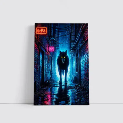 Neon Wolf Glowing Eyes Dark City Alley