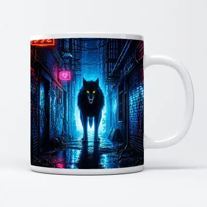 Neon Wolf Glowing Eyes Dark City Alley