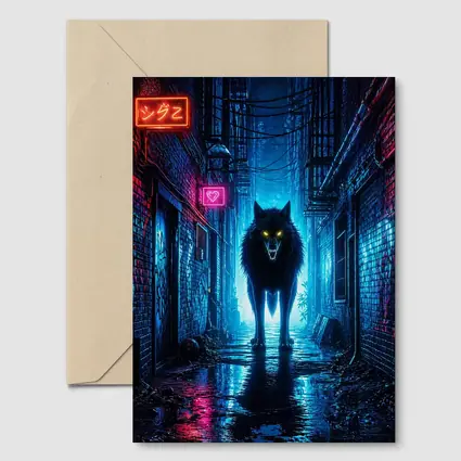 Neon Wolf Glowing Eyes Dark City Alley