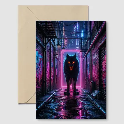 Neon Wolf Dark Cyberpunk City Alley