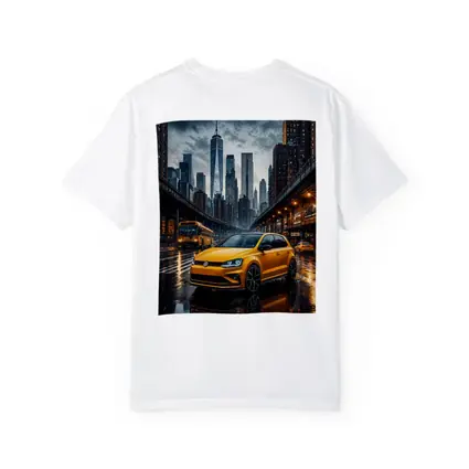 Volkswagen Golf GTI Yellow Rainy City Street