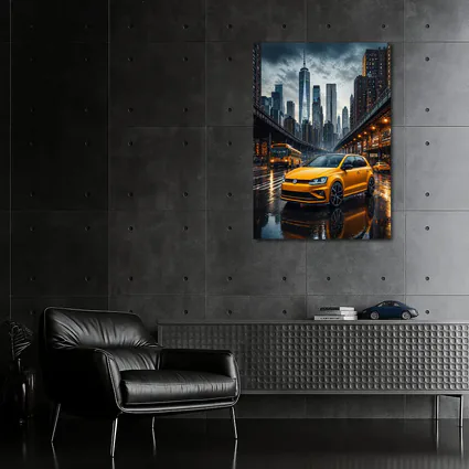 Volkswagen Golf GTI Yellow Rainy City Street