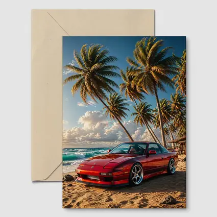 Nissan 240SX Red Car Beach Palm Trees