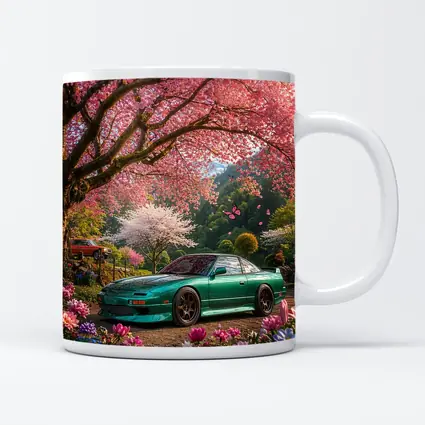 Nissan 240SX Teal Coupe Under Cherry Blossoms