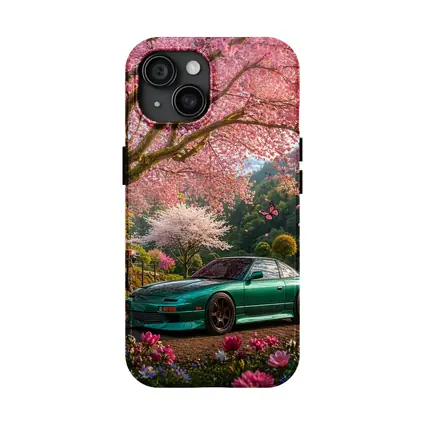 Nissan 240SX Teal Coupe Under Cherry Blossoms