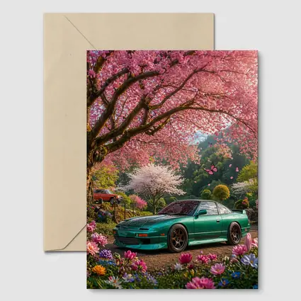 Nissan 240SX Teal Coupe Under Cherry Blossoms