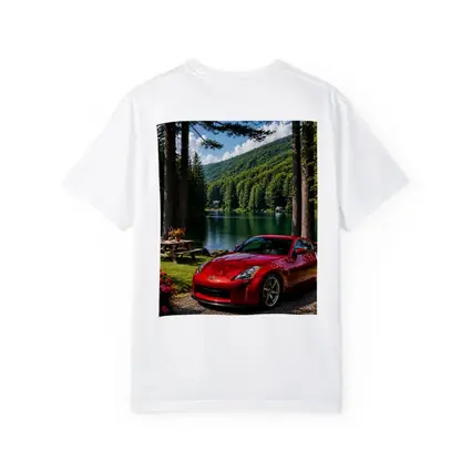 Nissan 350Z Red Sports Car Lake Setting