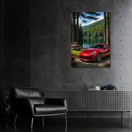 Nissan 350Z Red Sports Car Lake Setting