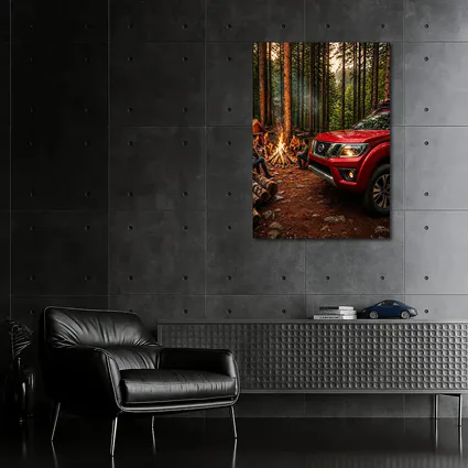 Nissan Frontier Red Truck Forest Campfire