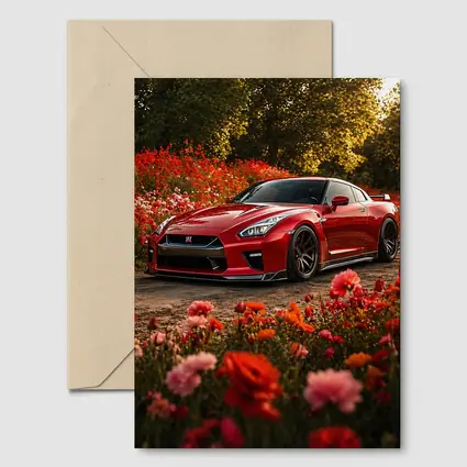 Red Nissan GT-R Surrounded by Blooming Flowers