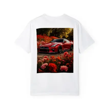 Red Nissan GT-R Surrounded by Blooming Flowers