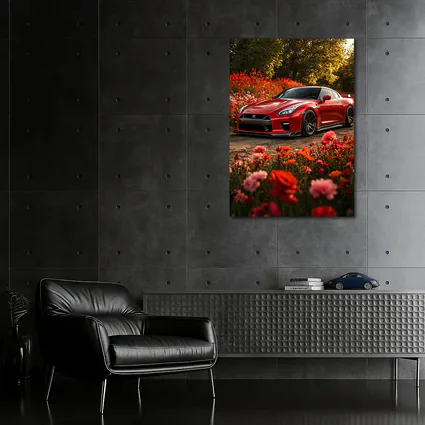 Red Nissan GT-R Surrounded by Blooming Flowers