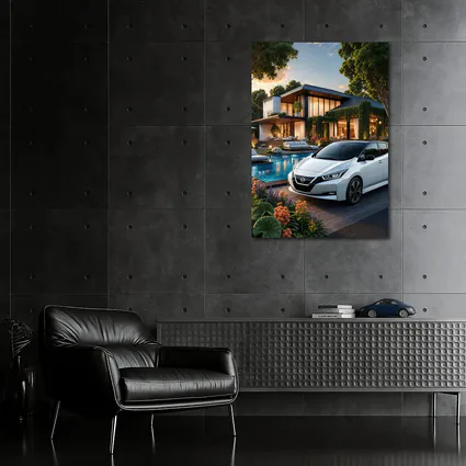 Nissan Leaf Parked Outside Luxury Modern Home
