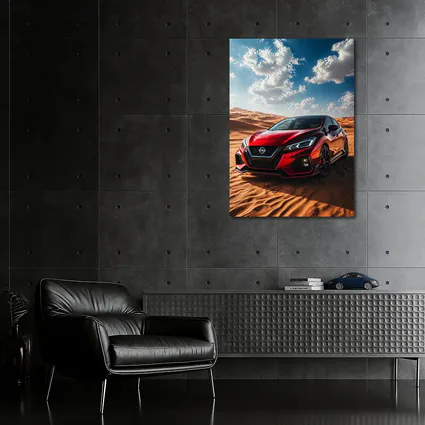 Nissan Red Hatchback Parked On Desert Dunes