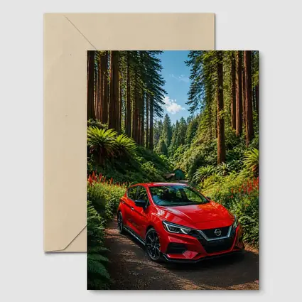 Nissan Versa Red Car Forest Setting