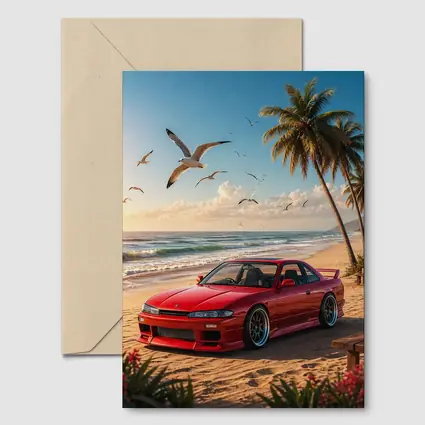 Nissan Silvia Red Car Beach Palm Trees