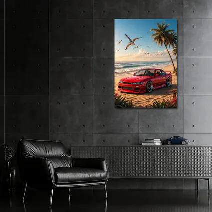 Nissan Silvia Red Car Beach Palm Trees