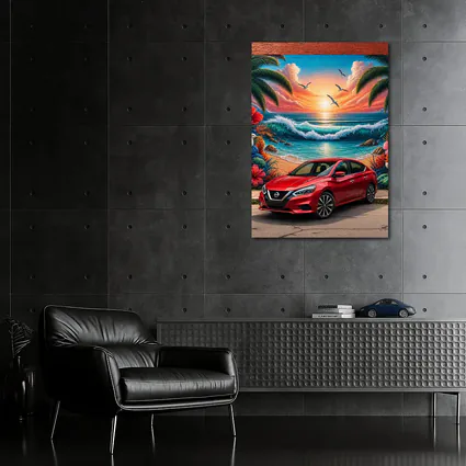 Nissan Sentra Red Car Tropical Beach Mural