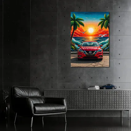 Nissan Sentra Red Sunset Beach Mural