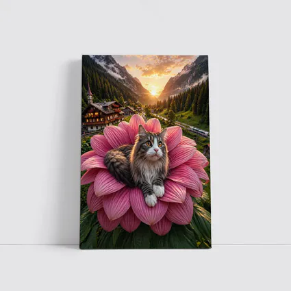 Norwegian Forest Cat on Pink Flower Mountains