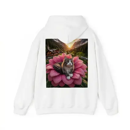 Norwegian Forest Cat on Pink Flower Mountains