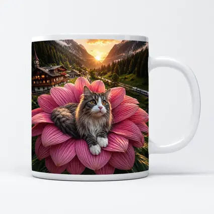Norwegian Forest Cat on Pink Flower Mountains