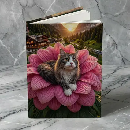 Norwegian Forest Cat on Pink Flower Mountains