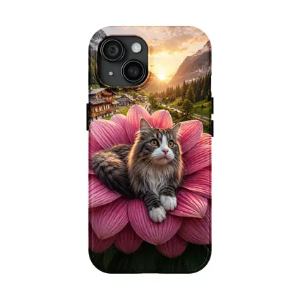 Norwegian Forest Cat on Pink Flower Mountains