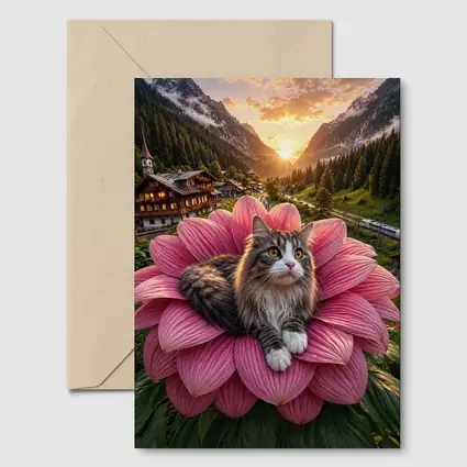 Norwegian Forest Cat on Pink Flower Mountains