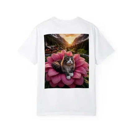 Norwegian Forest Cat on Pink Flower Mountains