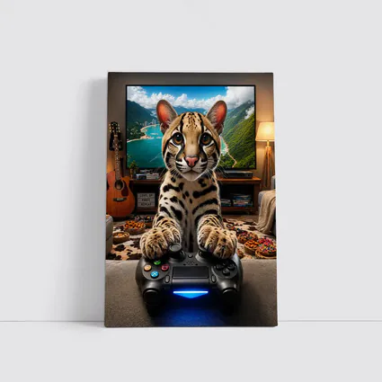 Ocelot Playing Video Game Controller Cozy Room